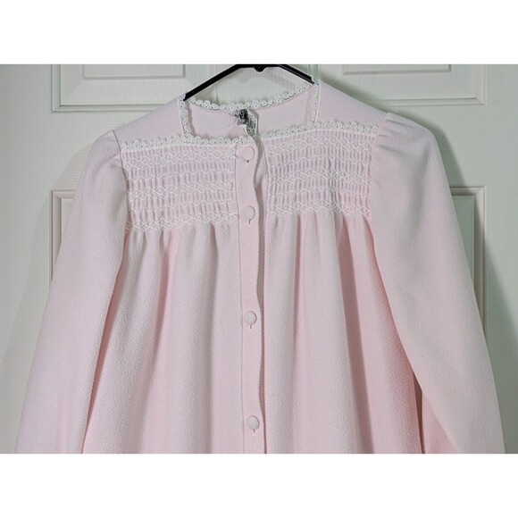 VTG Christian Dior Soft Fleece Robe Nightgown Sz 12 Pink Button Front Smocked - Picture 2 of 14